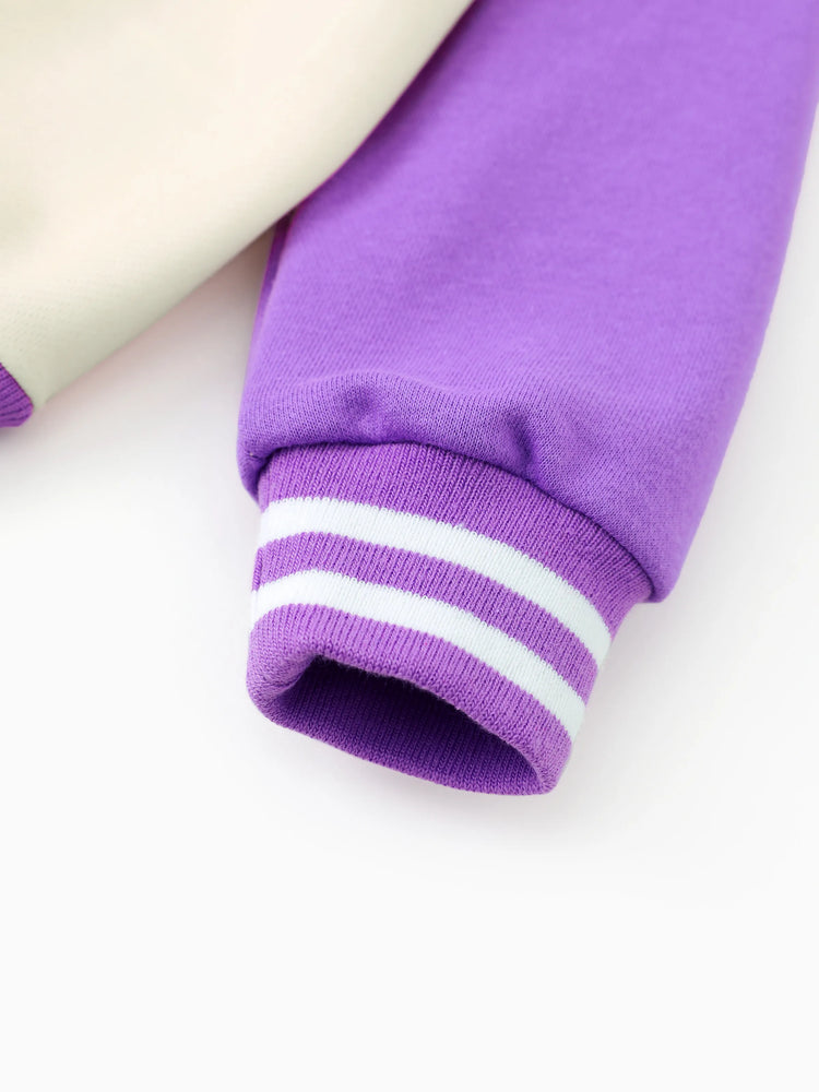 Chaqueta bomber de punto con bloques de color morado para niña pequeña Dora