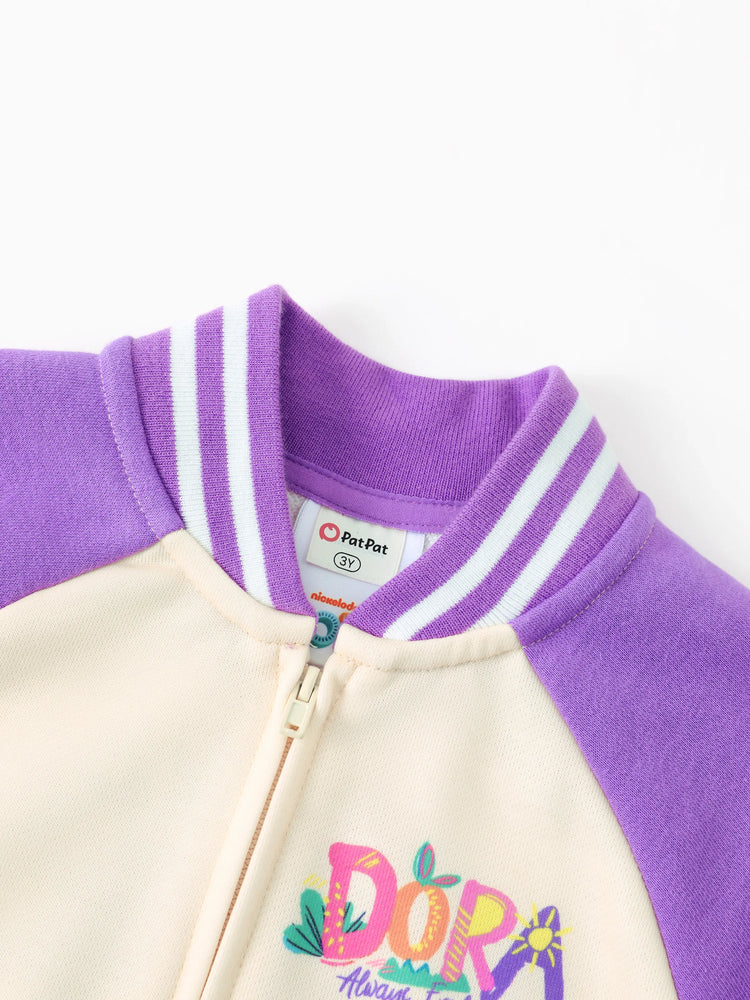 Chaqueta bomber de punto con bloques de color morado para niña pequeña Dora