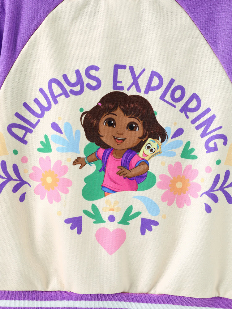 Chaqueta bomber de punto con bloques de color morado para niña pequeña Dora