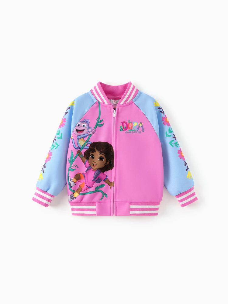 Dora Toddler Girl Knitted Fabric Colorblock Bomber Jacket Hot Pink