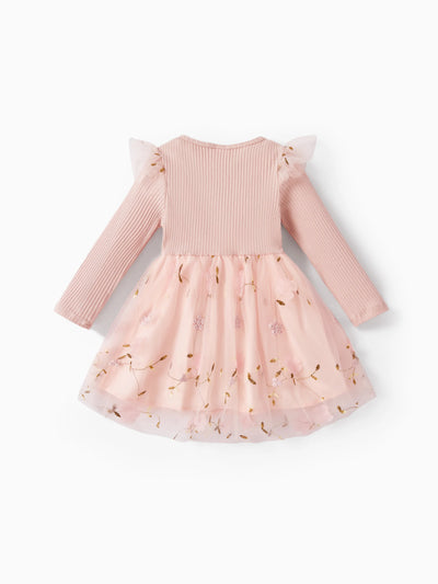 Vestido de malla con flores 3D para niña, color rosa claro