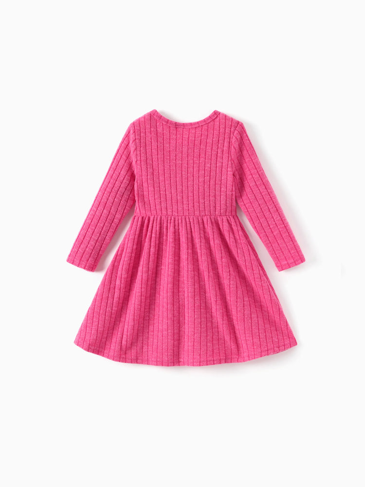 Barbie Toddler/Kids Girl Ribbed Knit Fabric Terry Embroidery Dress Hot Pink