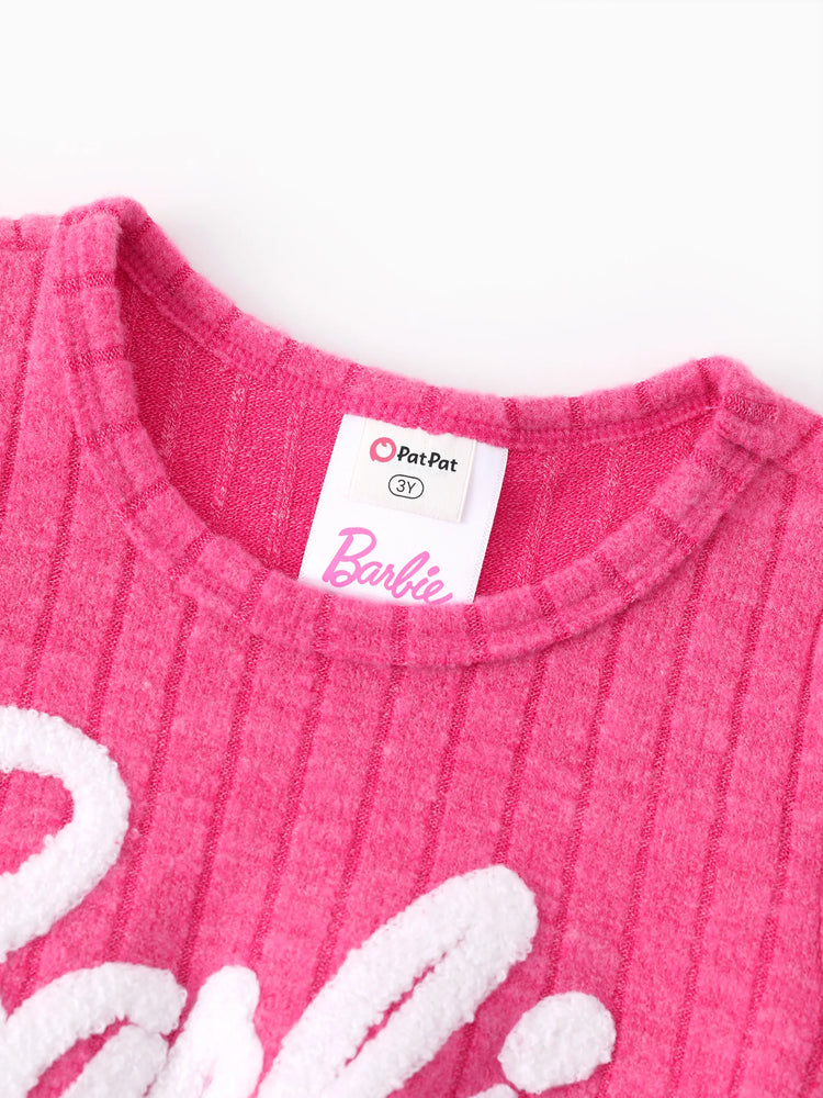 Barbie Toddler/Kids Girl Ribbed Knit Fabric Terry Embroidery Dress Hot Pink