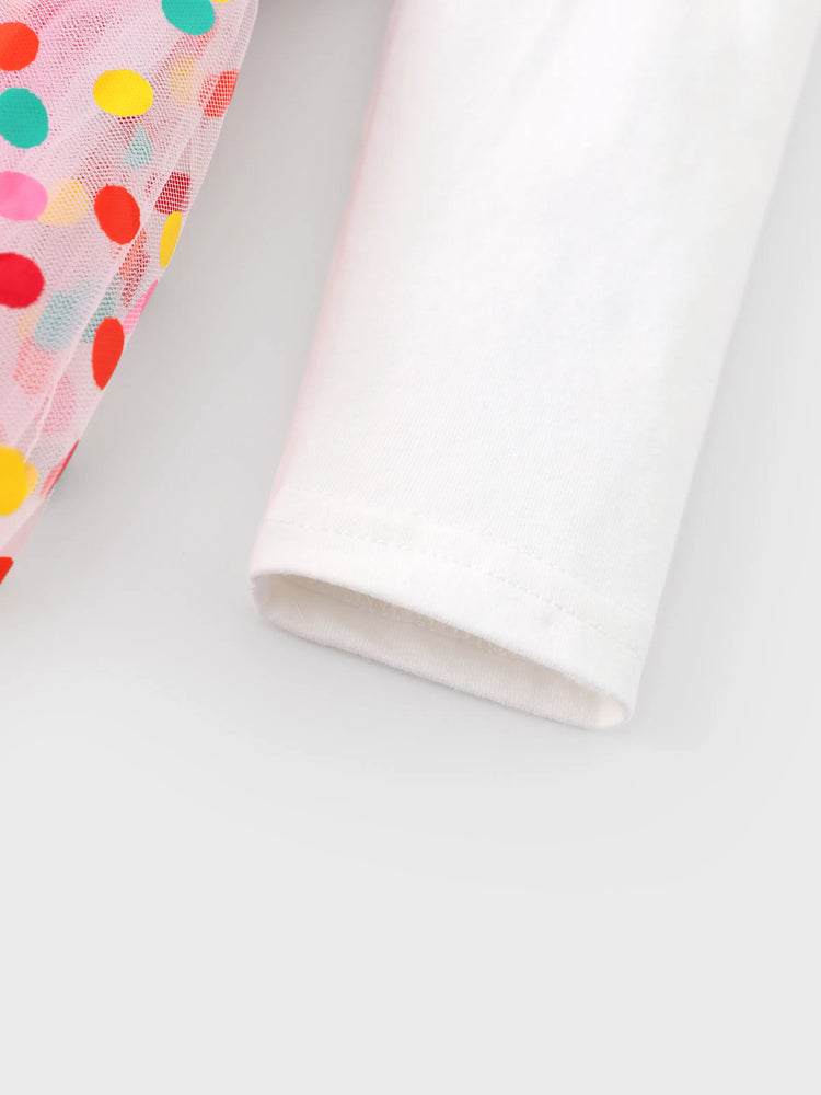 Dora Kleinkind Mädchen Strick- und Mesh-Spleißkleid mit Polka Dots  weiß