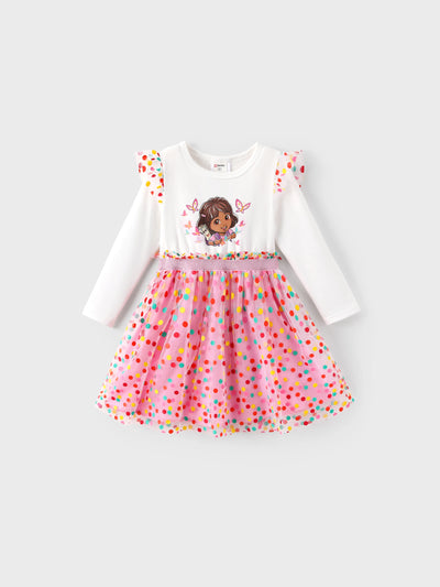 Dora Toddler Girl Knit and Mesh Splicing Polka Dots Dress White