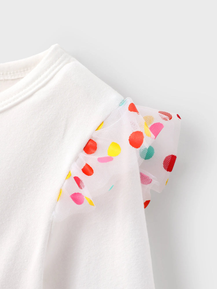 Dora Kleinkind Mädchen Strick- und Mesh-Spleißkleid mit Polka Dots  weiß