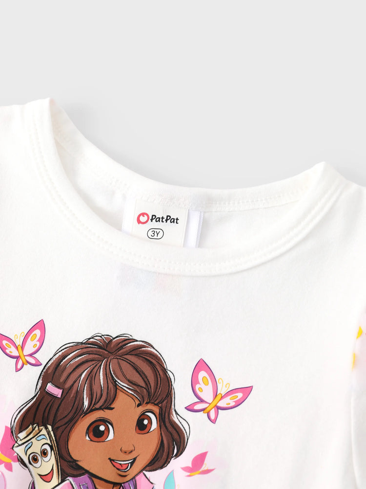 Dora Kleinkind Mädchen Strick- und Mesh-Spleißkleid mit Polka Dots  weiß