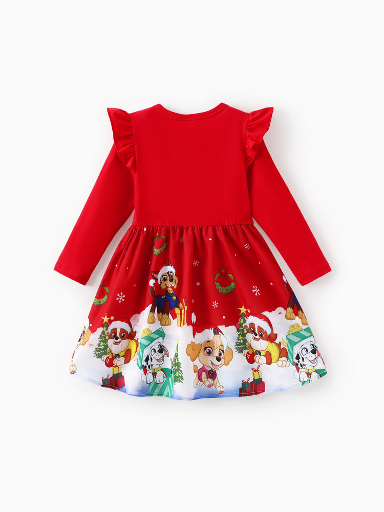 Vestido navideño de la Patrulla Canina para niña pequeña, con mangas abullonadas, rojo, de Chase, Marshall, Rubble y Skye