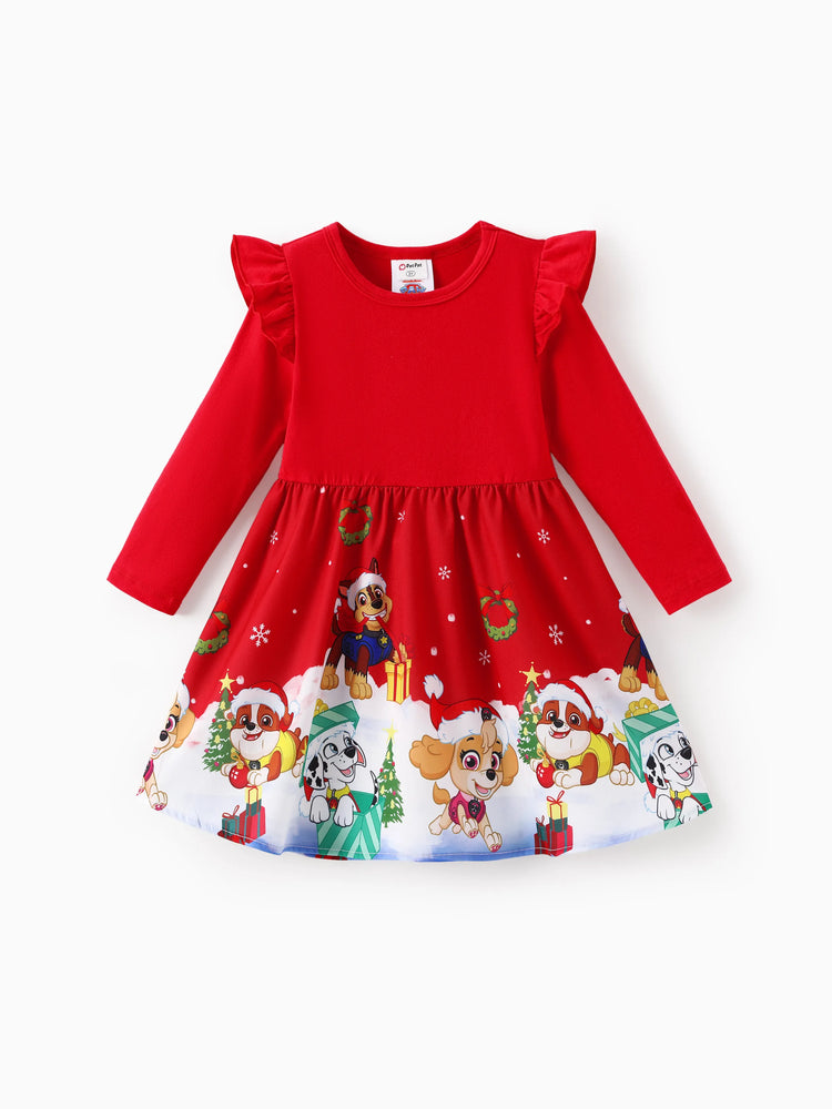 PAW Patrol Toddler Girl Christmas Chase/Marshall/Rubble/Skye Flutter Sleeve Dress Red