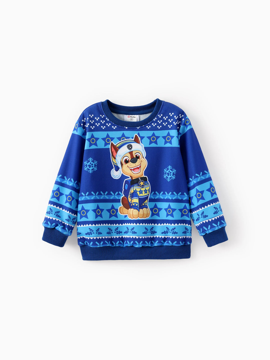 Sweat-shirt bleu Pat' Patrouille pour petit garçon, motif flocons de neige, motif jacquard.