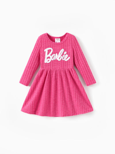 Barbie Toddler/Kids Girl Ribbed Knit Fabric Terry Embroidery Dress Hot Pink