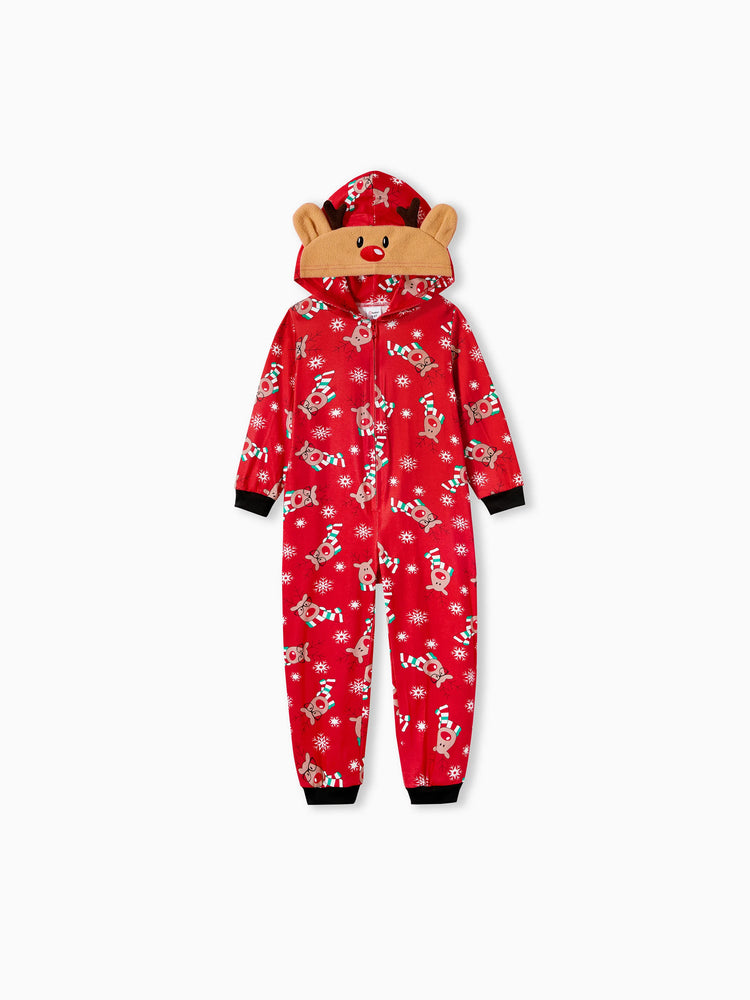 Christmas Matching Family Pajamas Set 3D Reindeer Hooded Allover Reindeer Print Onesie PJS with Christmas Socks Red