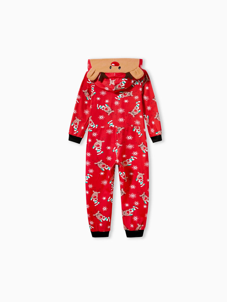Christmas Matching Family Pajamas Set 3D Reindeer Hooded Allover Reindeer Print Onesie PJS with Christmas Socks Red