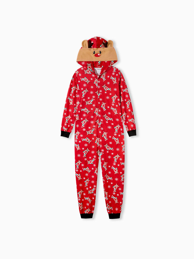 Christmas Matching Family Pajamas Set 3D Reindeer Hooded Allover Reindeer Print Onesie PJS with Christmas Socks Red