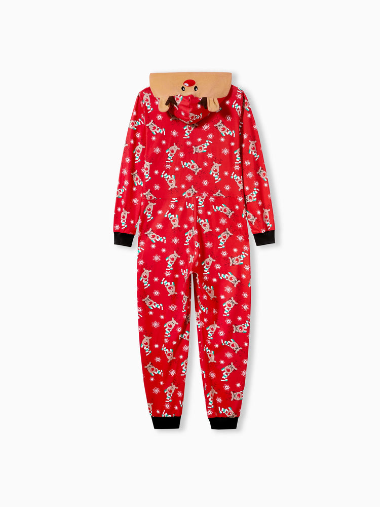 Christmas Matching Family Pajamas Set 3D Reindeer Hooded Allover Reindeer Print Onesie PJS with Christmas Socks Red