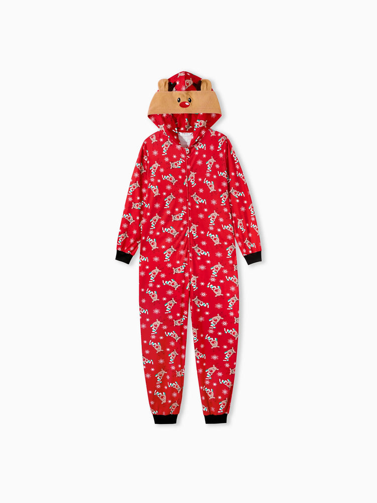 Christmas Matching Family Pajamas Set 3D Reindeer Hooded Allover Reindeer Print Onesie PJS with Christmas Socks Red