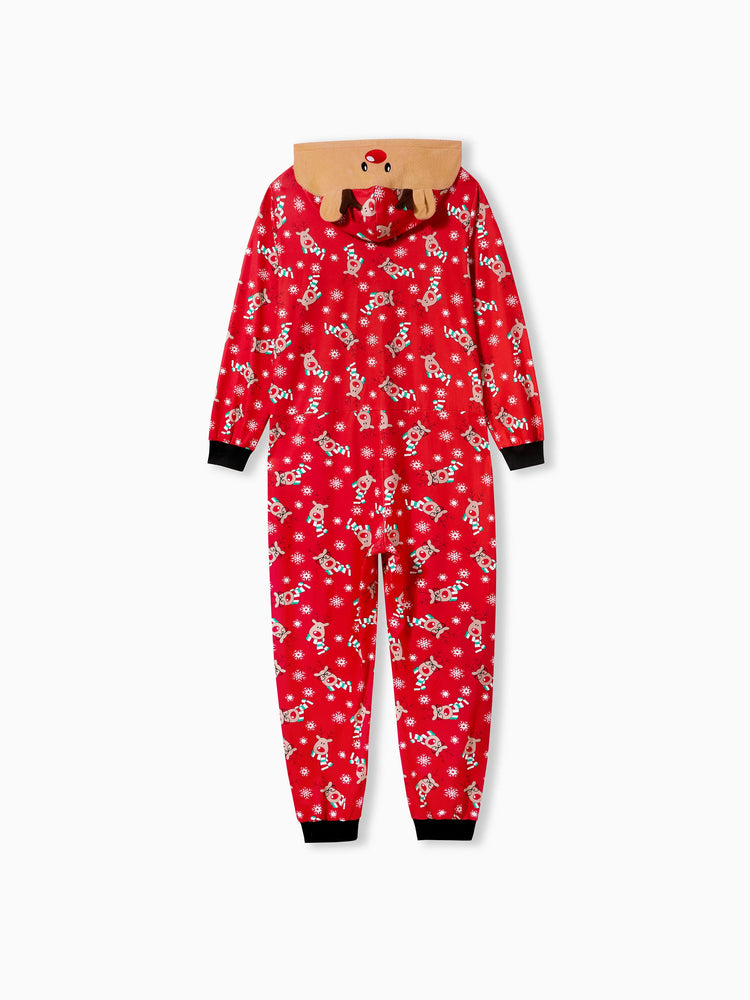 Christmas Matching Family Pajamas Set 3D Reindeer Hooded Allover Reindeer Print Onesie PJS with Christmas Socks Red