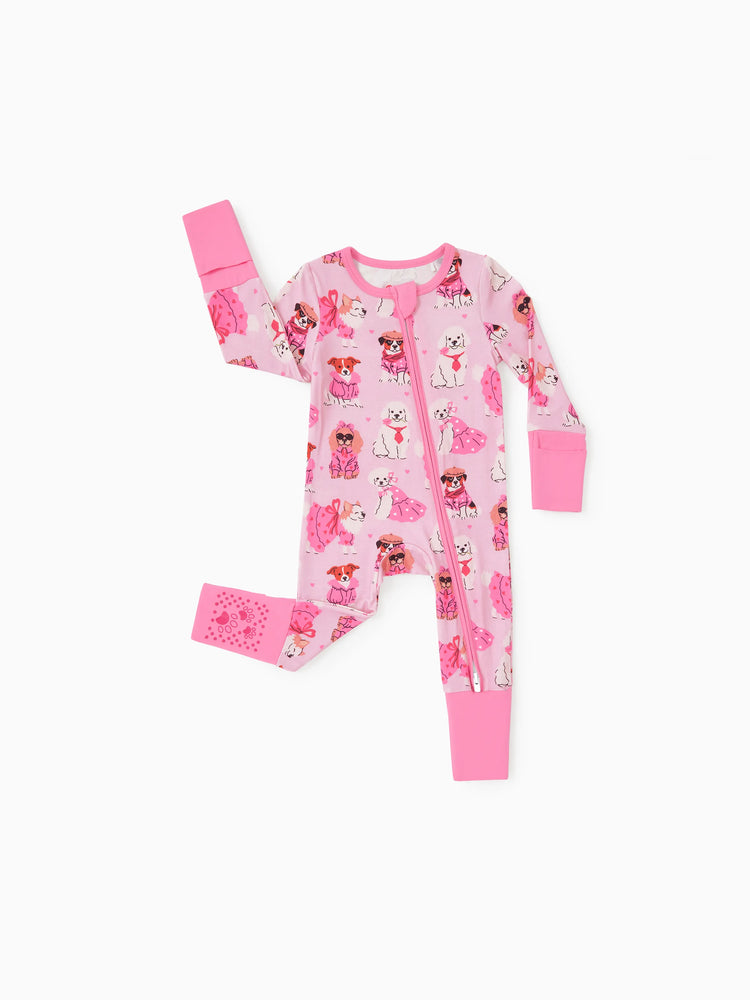 Bamboo Baby Boy/Girl 2-Pack Solid&Bee Printed 2-Way Zipper Anti Slip Footie Pink