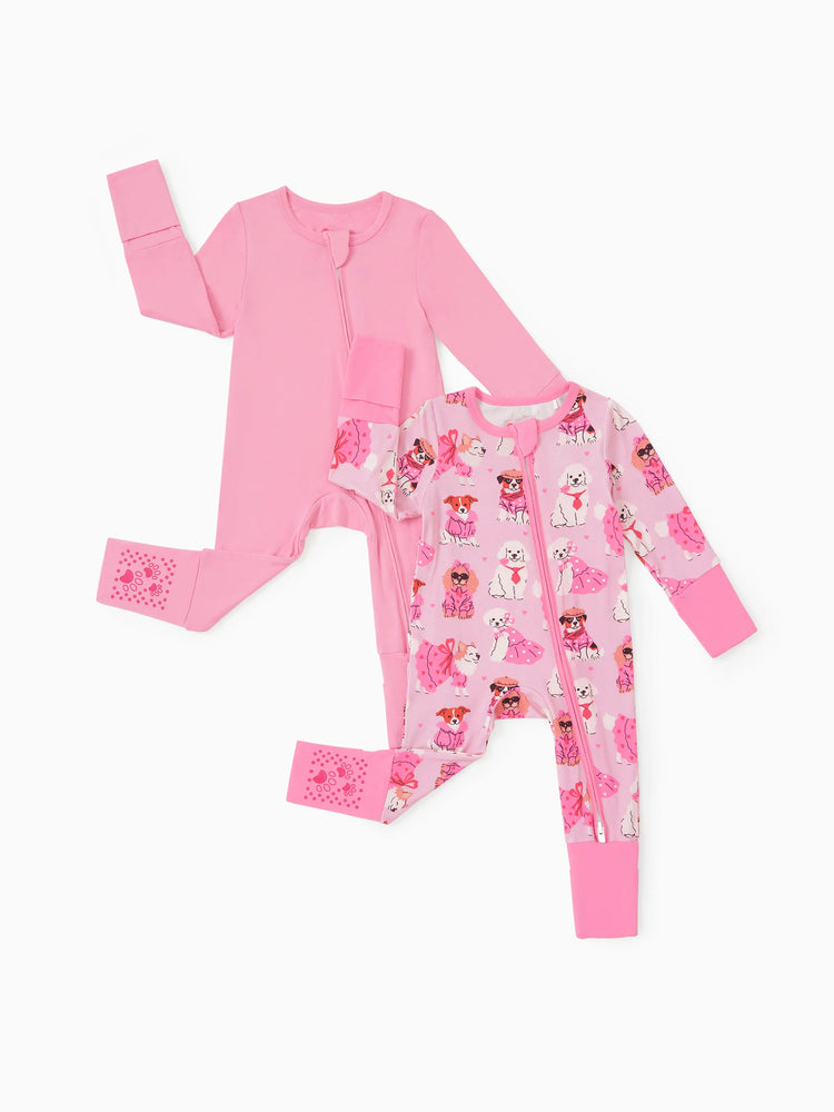 Bamboo Baby Boy/Girl 2-Pack Solid&Bee Printed 2-Way Zipper Anti Slip Footie Pink