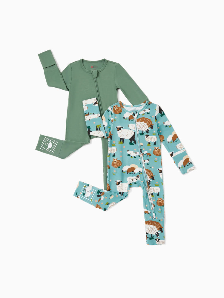 Bamboo Baby Boy/Girl 2-Pack Long Sleeve Romper 2-Way Zip Anti Slip Footie. Green