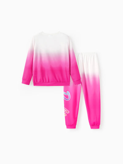 Barbie Kid Girl 2pcs Letter Print Colorblock Long-sleeve Top and Pants Set Rose pink