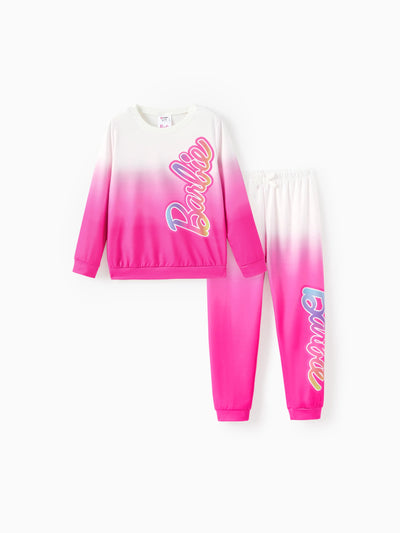 Barbie Kid Girl 2pcs Letter Print Colorblock Long-sleeve Top and Pants Set Rose pink
