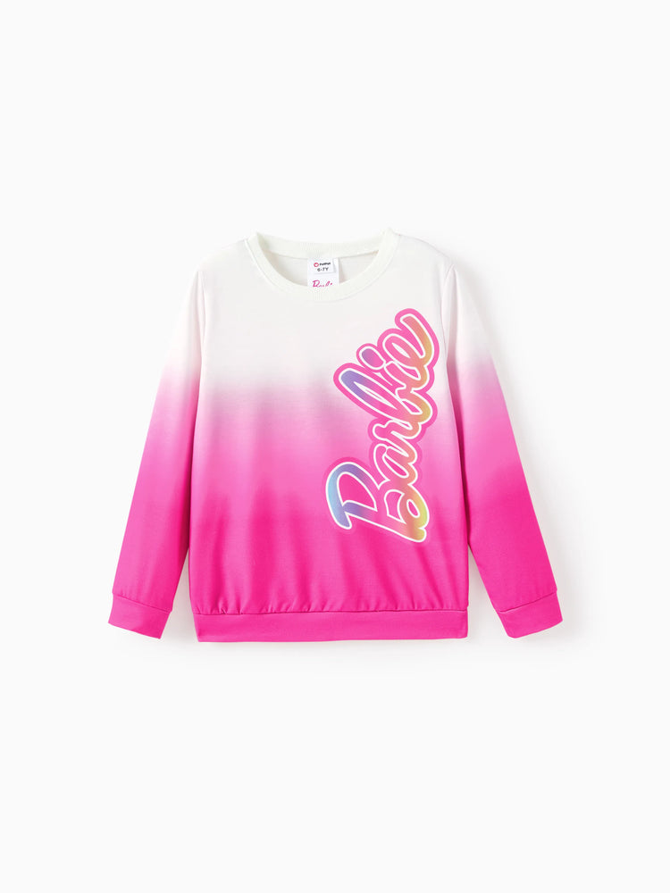 Barbie Kid Girl 2pcs Letter Print Colorblock Long-sleeve Top and Pants Set Rose pink