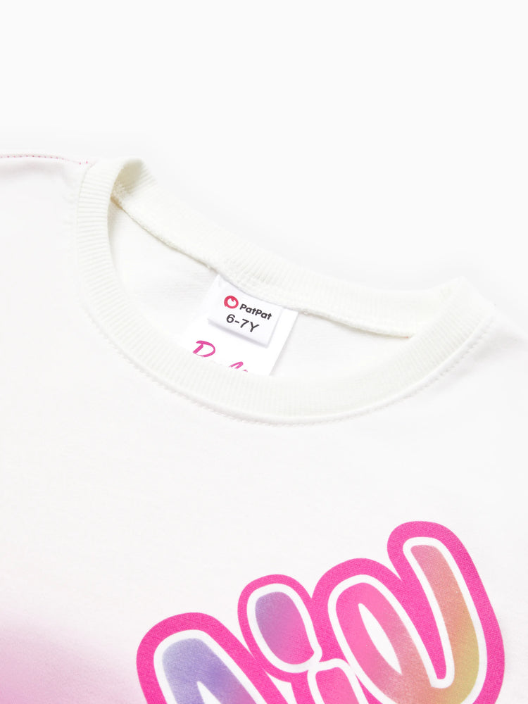 Barbie Kid Girl 2pcs Letter Print Colorblock Long-sleeve Top and Pants Set Rose pink