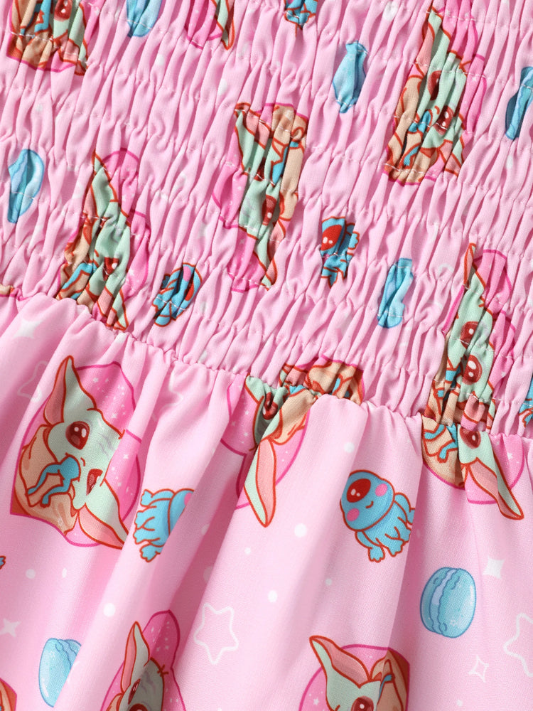 Star Wars Vestido para Niña Pequeña/Kid con Estampado Completo y Cuerpo Fruncido de Grogu Rosa