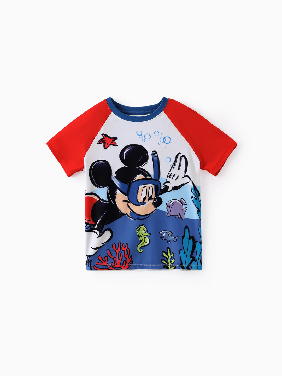 Disney Mickey and Friends Toddler/Kid Boy 2pcs Mickey Mouse UPF50+ Sea Life Print Tops and Trunks Swimsuit Deep Blue