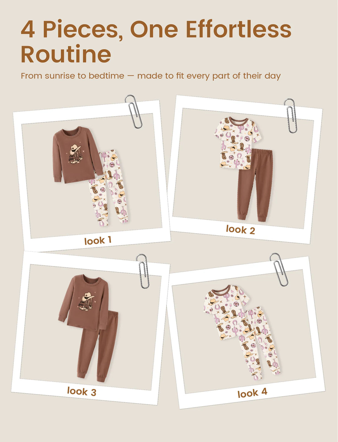 Toddler / Kids 4-piece Organic Cotton Pajamas 4-in 1 Snug fit PaJama Set for Girls Brown