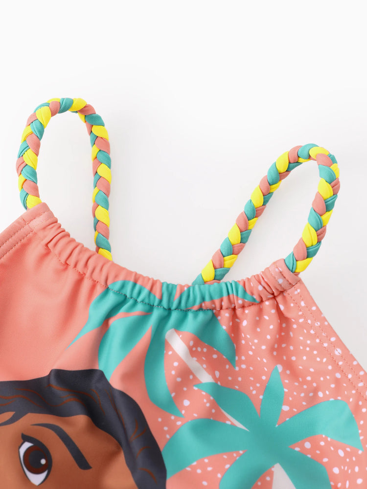 Disney Princess Toddler/Kid Girl Moana Big Pattern /Floral Allover Print Off-shoulder Swimsuit Coral  Coral