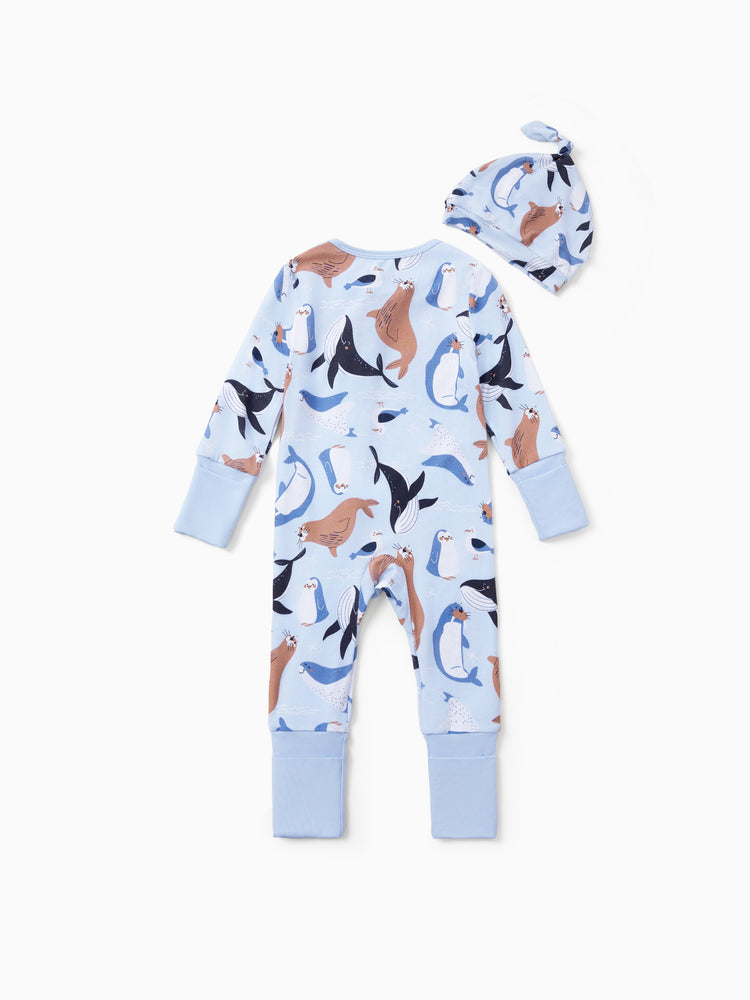 Bamboo Baby Boy/Girl Animal Printed 2-Way Zip Onesies Anti Slip Long-sleeve Footie with Hairband Royal Blue