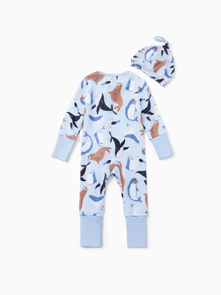 Bamboo Baby Boy/Girl Animal Printed 2-Way Zip Onesies Anti Slip Long-sleeve Footie with Hairband Royal Blue