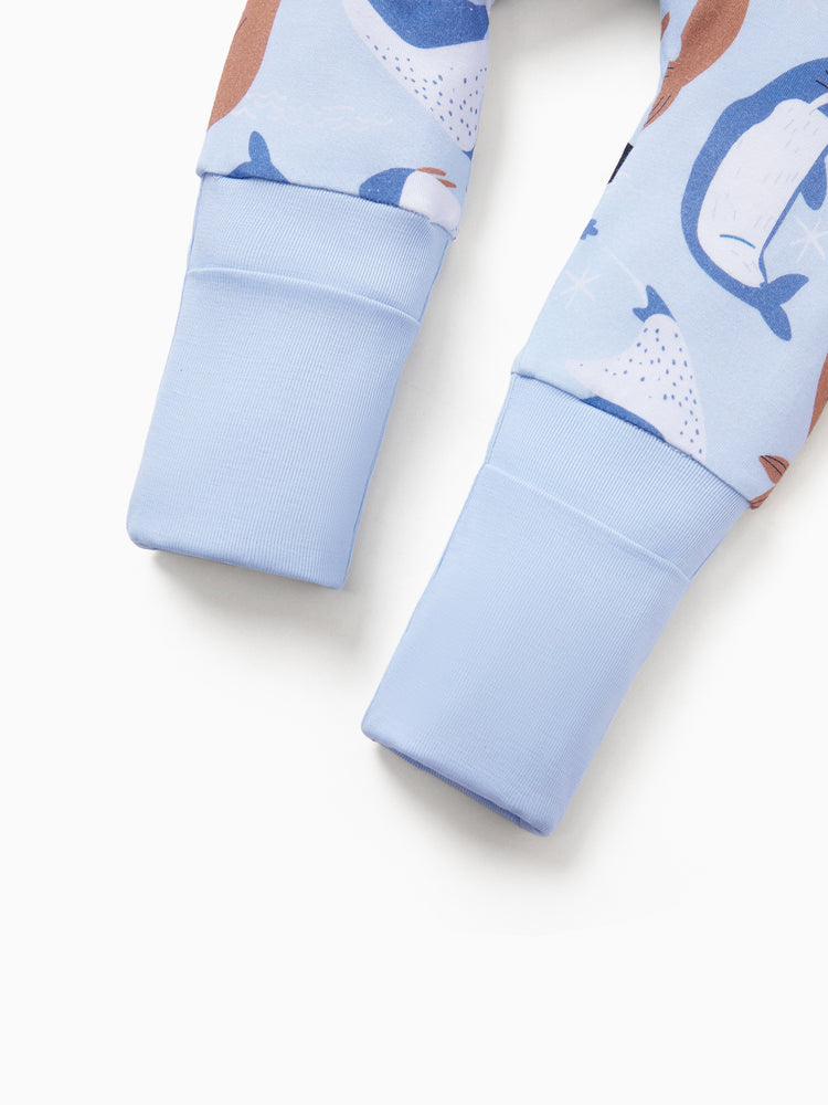 Bamboo Baby Boy/Girl Animal Printed 2-Way Zip Onesies Anti Slip Long-sleeve Footie with Hairband Royal Blue