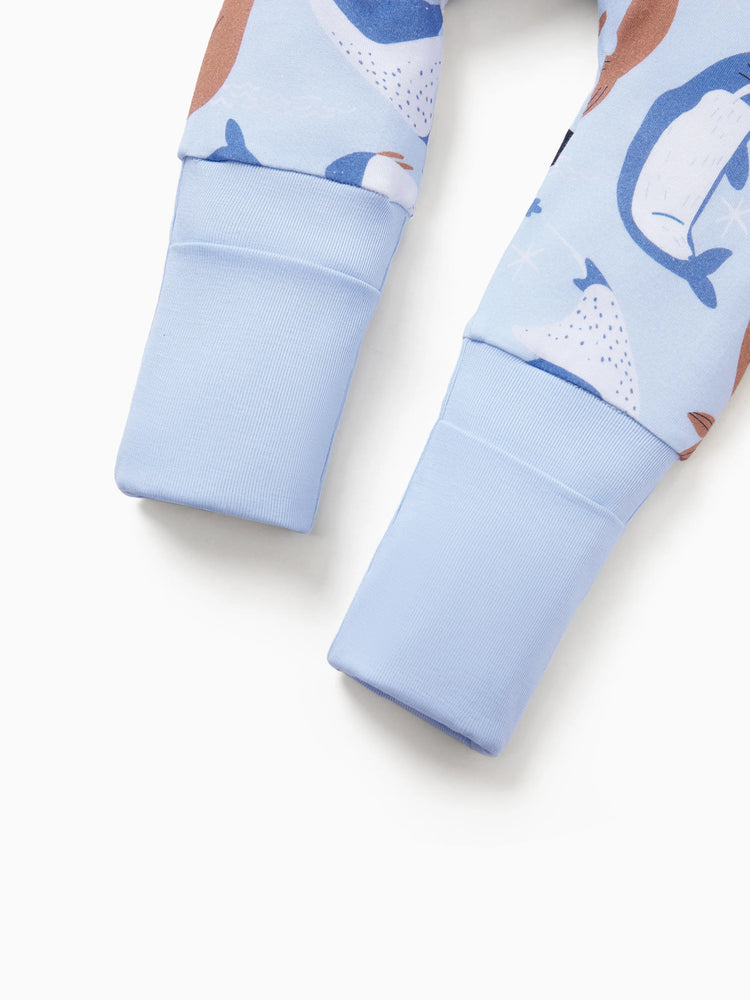 Bamboo Baby Boy/Girl Animal Printed 2-Way Zip Onesies Anti Slip Long-sleeve Footie with Hairband Royal Blue