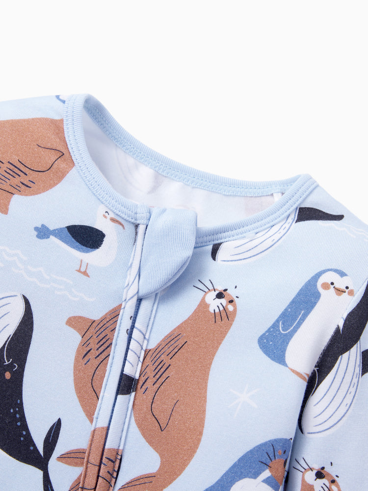 Bamboo Baby Boy/Girl Animal Printed 2-Way Zip Onesies Anti Slip Long-sleeve Footie with Hairband Royal Blue