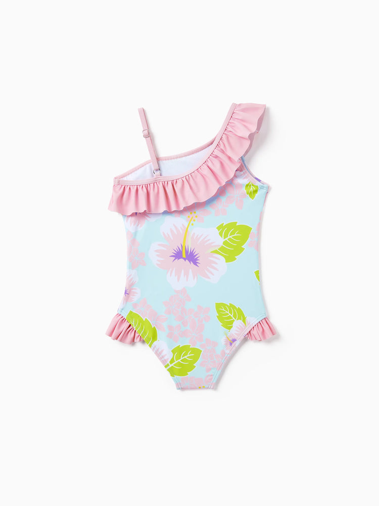 Disney Stitch Toddler/Kid Girl UPF50+ One-shoulder Ruffle Swimsuit Coral