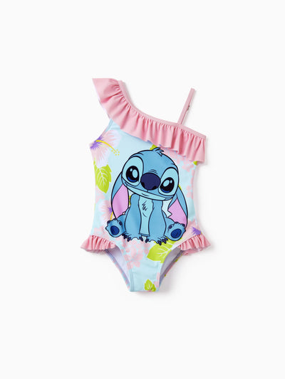 Disney Stitch Toddler/Kid Girl UPF50+ One-shoulder Ruffle Swimsuit Coral