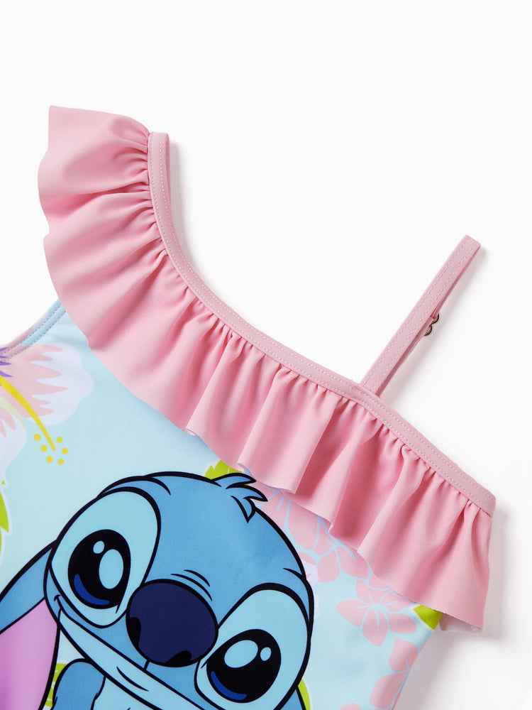 Disney Stitch Toddler/Kid Girl UPF50+ One-shoulder Ruffle Swimsuit Coral