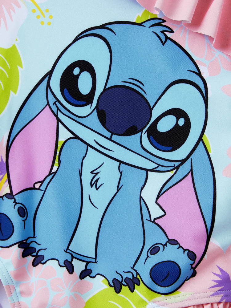 Disney Stitch Toddler/Kid Girl UPF50+ One-shoulder Ruffle Swimsuit Coral