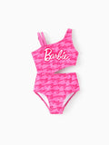 Barbie Toddler/Kid Girl 1pc One-shoulder Asymmetric Allover Print Swimsuit  Hot Pink