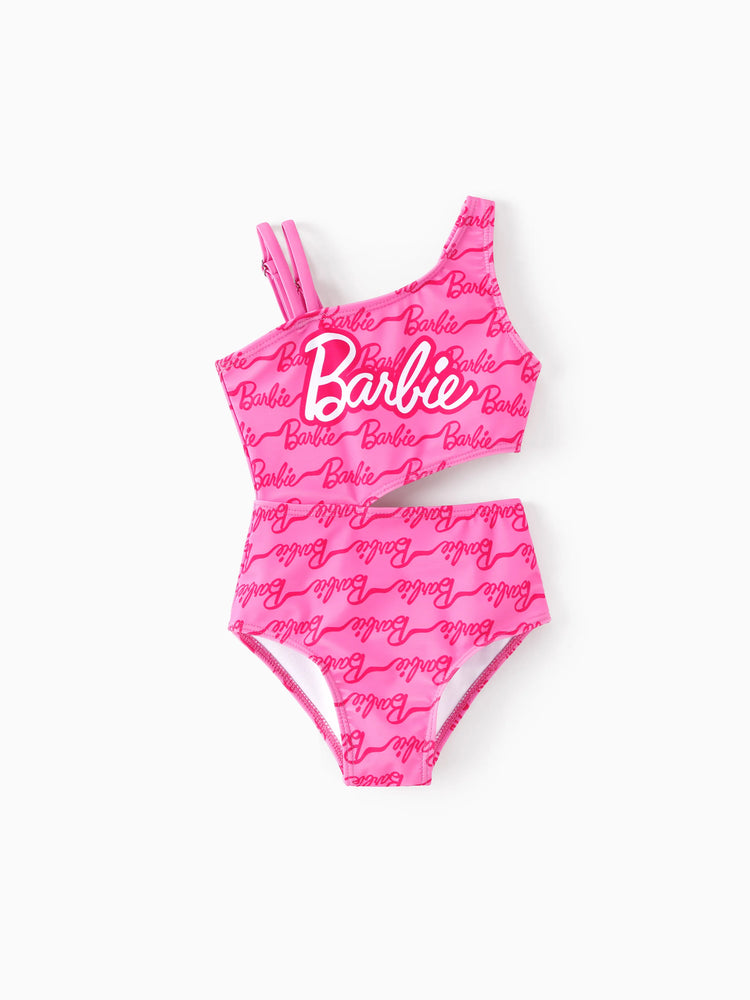 Barbie Toddler/Kid Girl 1pc One-shoulder Asymmetric Allover Print Swimsuit  Hot Pink