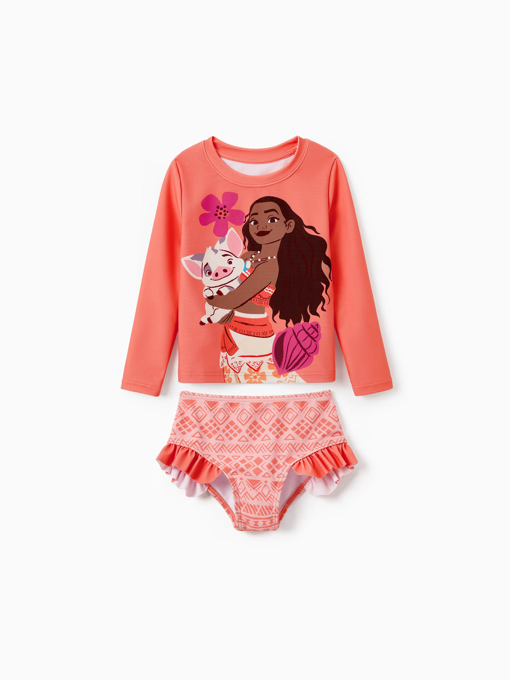 Rash guard de manga larga con volantes naranja-rojo UPF 50+ de Moana para días de playa, inspirado en Moana de Disney