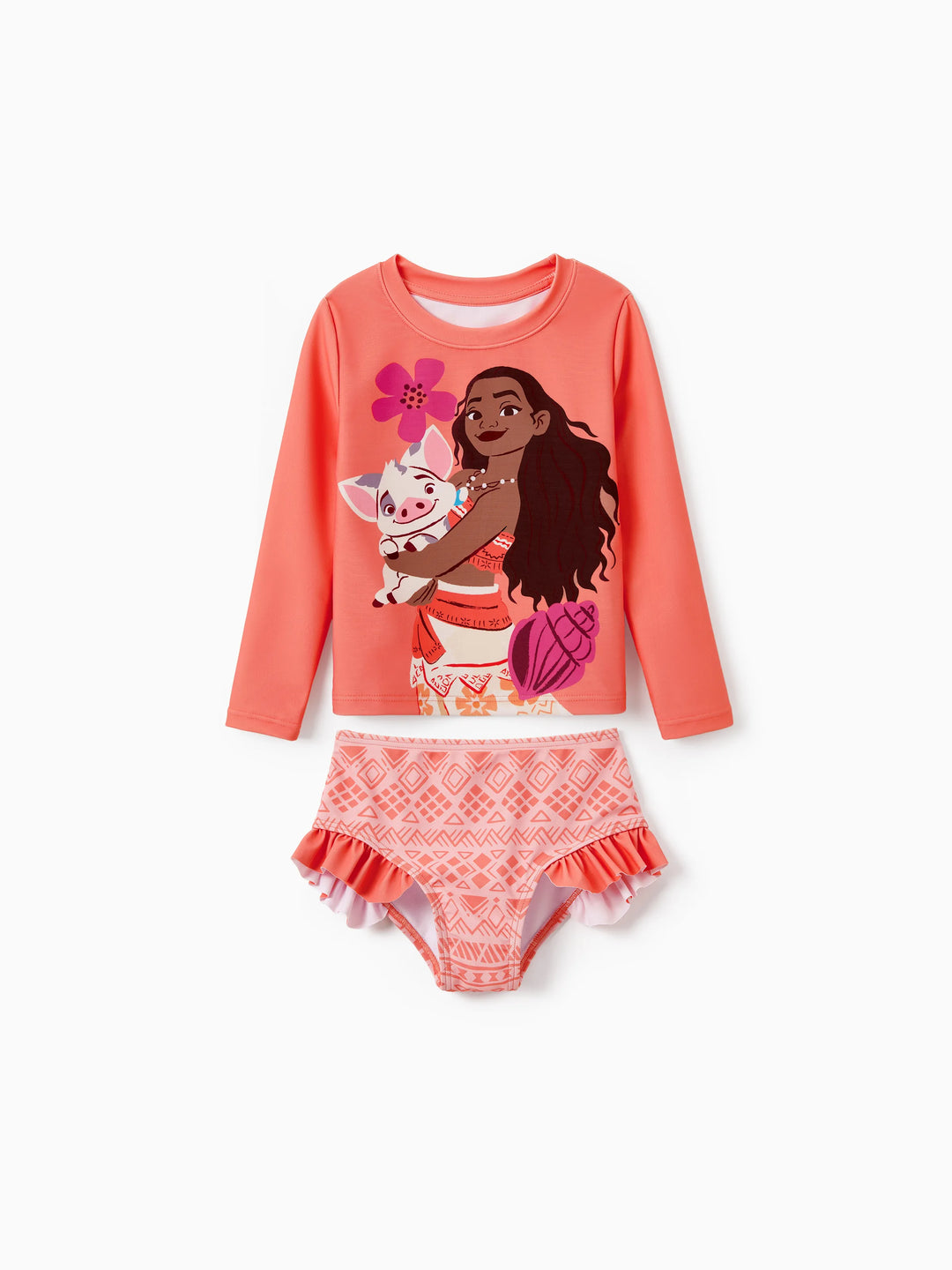 Disney Princess Toddler/Kid Girl 2pcs Moana UPF50+ Ruffled Long-sleeve Swimsuit Orange Red