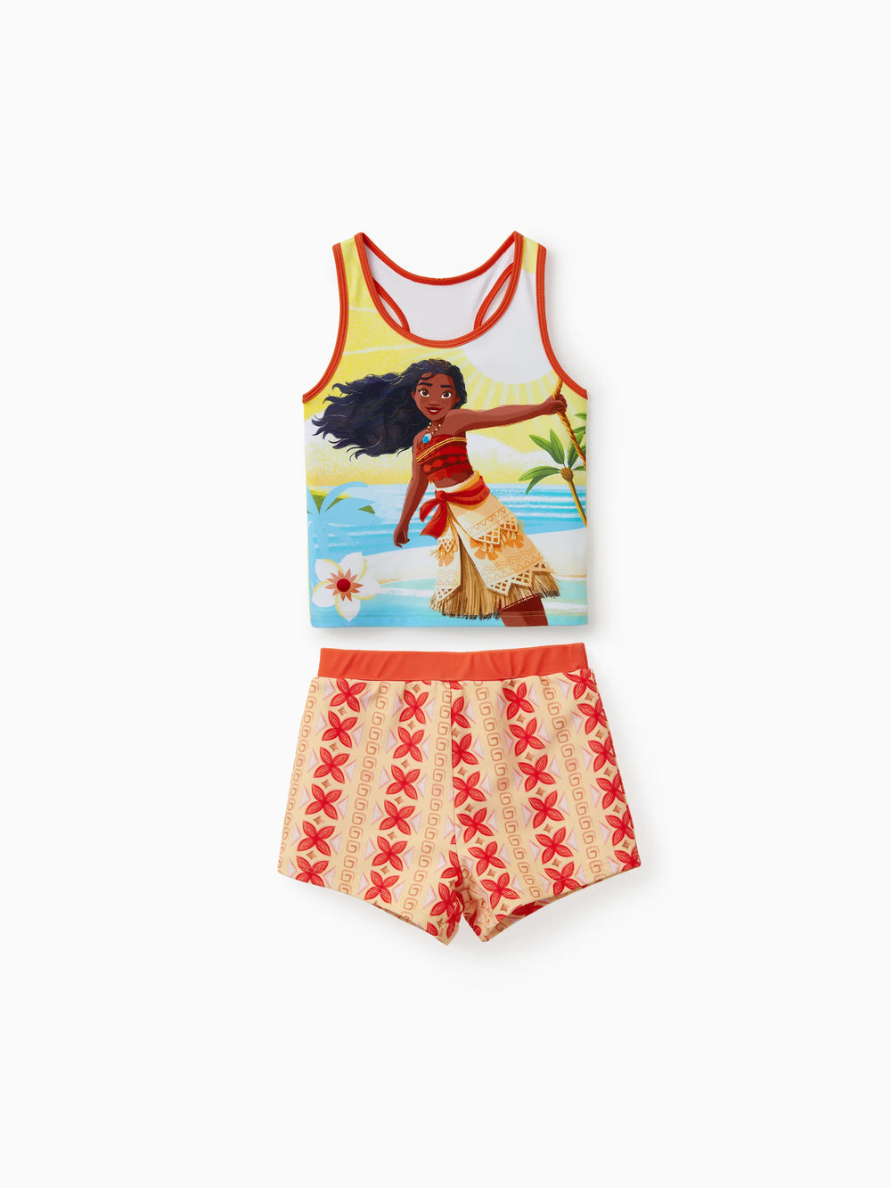 Conjunto de baño de top floral y shorts naranja UPF 50+ de Moana para niños, inspirado en Moana de Disney