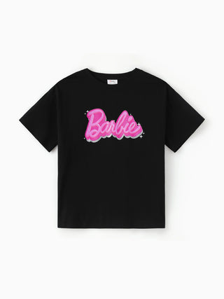 Camiseta de algodón de manga corta con estampado de letras Barbie Mamá y Yo Negro