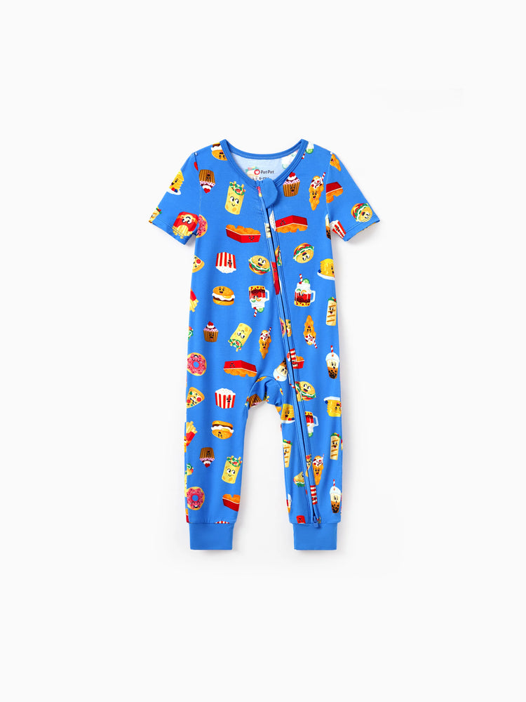 Mommy & me Bamboo Pajamas Buttery Soft Bamboo PJs for Men Women Kids Toddler, Cute Burger & Fries Print Short Sleeve Sleepwear (Snug-Fitting for Children) Royal Blue