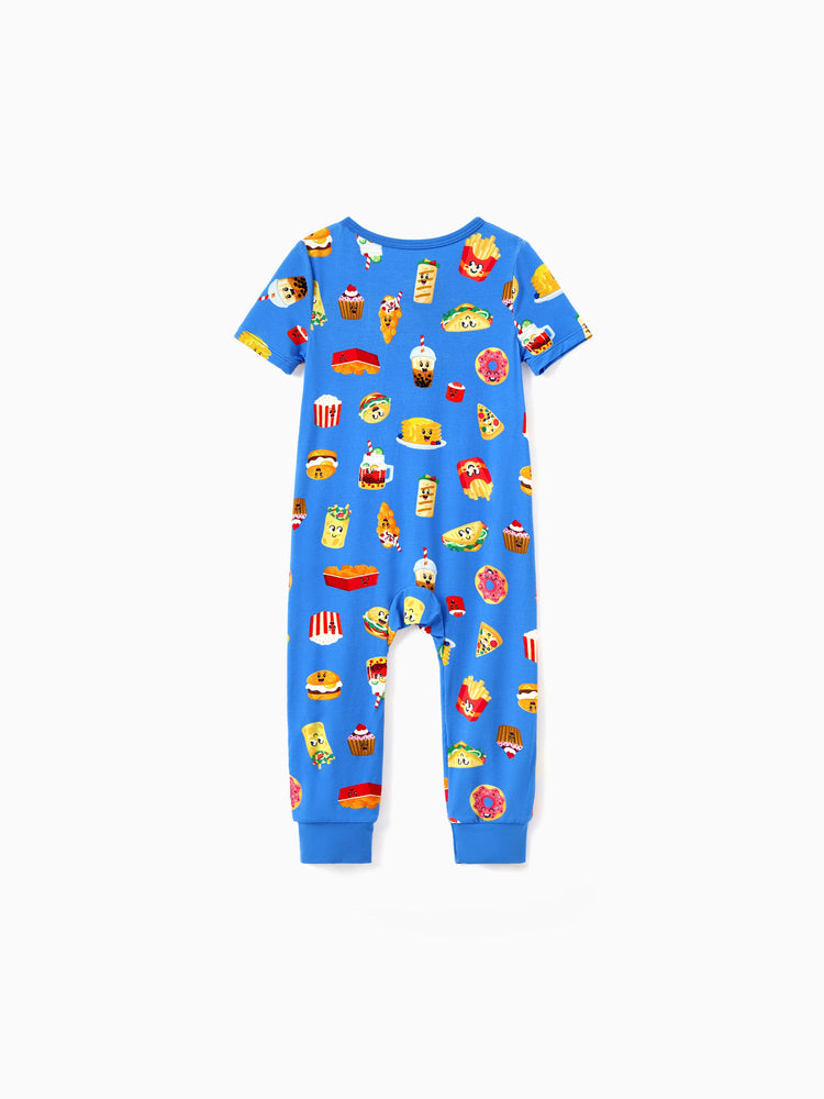 Mommy & me Bamboo Pajamas Buttery Soft Bamboo PJs for Men Women Kids Toddler, Cute Burger & Fries Print Short Sleeve Sleepwear (Snug-Fitting for Children) Royal Blue
