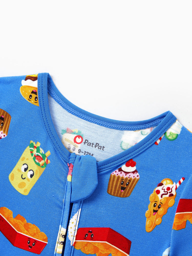Family Matching Bamboo Pajamas Buttery Soft Bamboo PJs for Men Women Kids Toddler, Cute Burger & Fries Print Short Sleeve Sleepwear (Snug-Fitting for Children) Royal Blue
